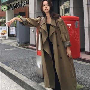 NWT Poppis Olive Green Double-Breasted Trench Coat
